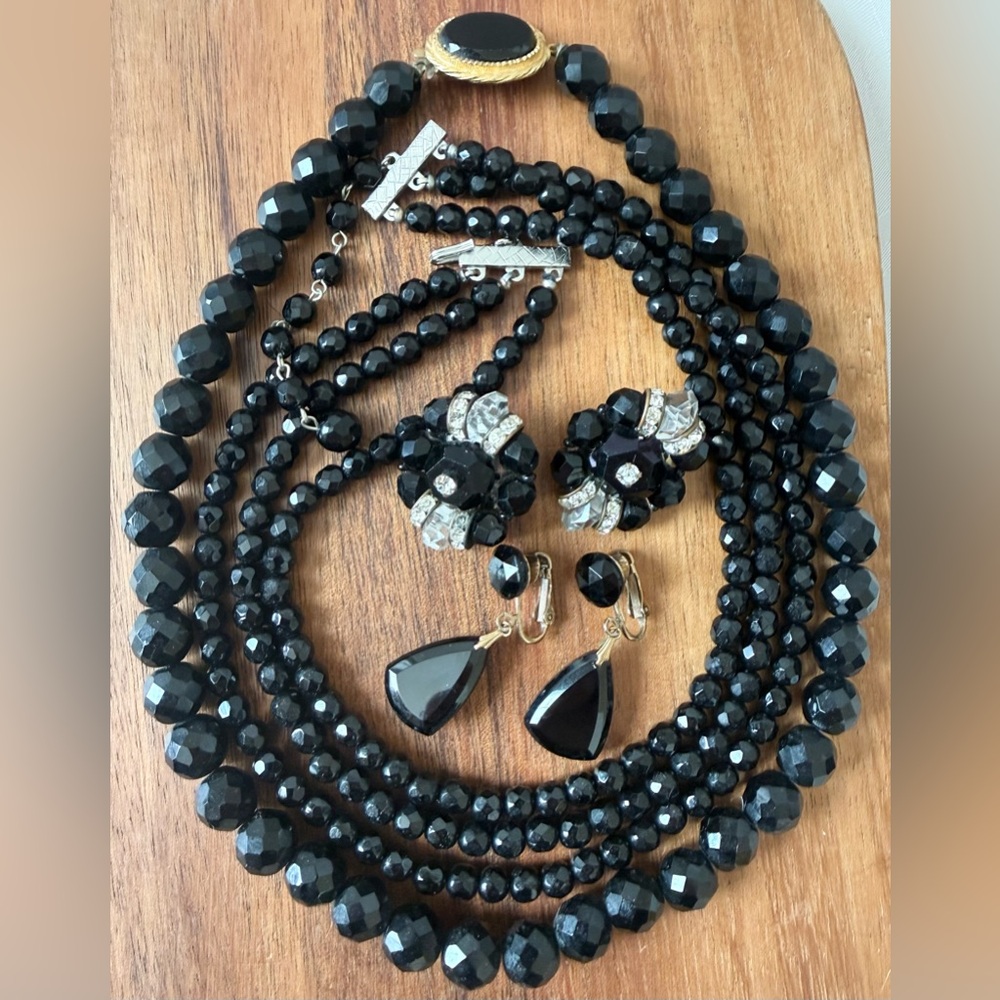 Lot of 4 Vintage Glass Black Crystal Beaded Necklaces Clip On Earrings